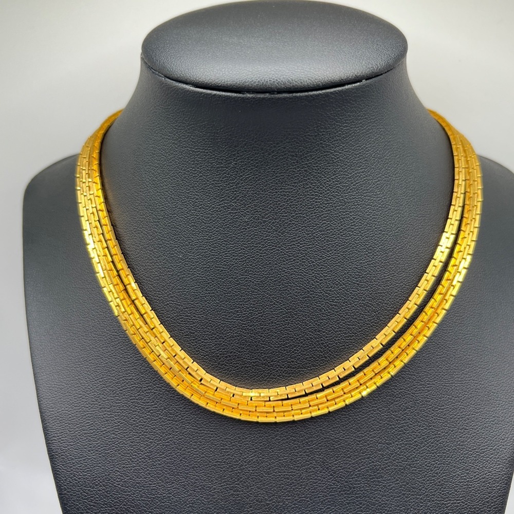 Vintage Multi Triple Strand Boston Link Gold Tone Chain 14" Choker Necklace